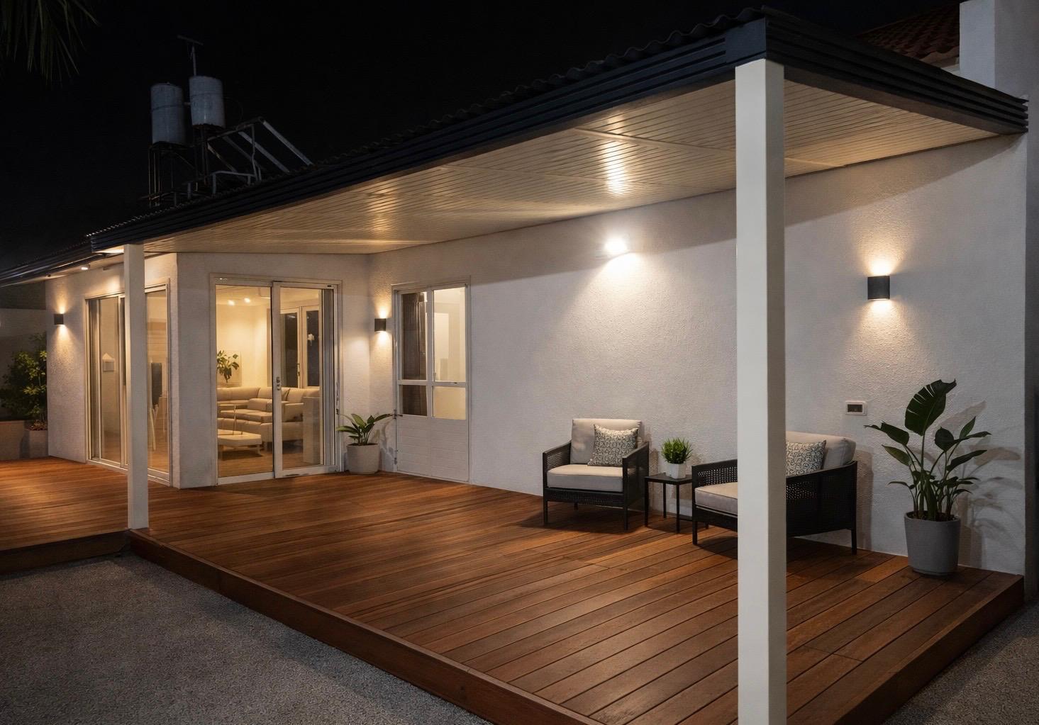 פרגולה על דק עץ עם תאורה בלילה